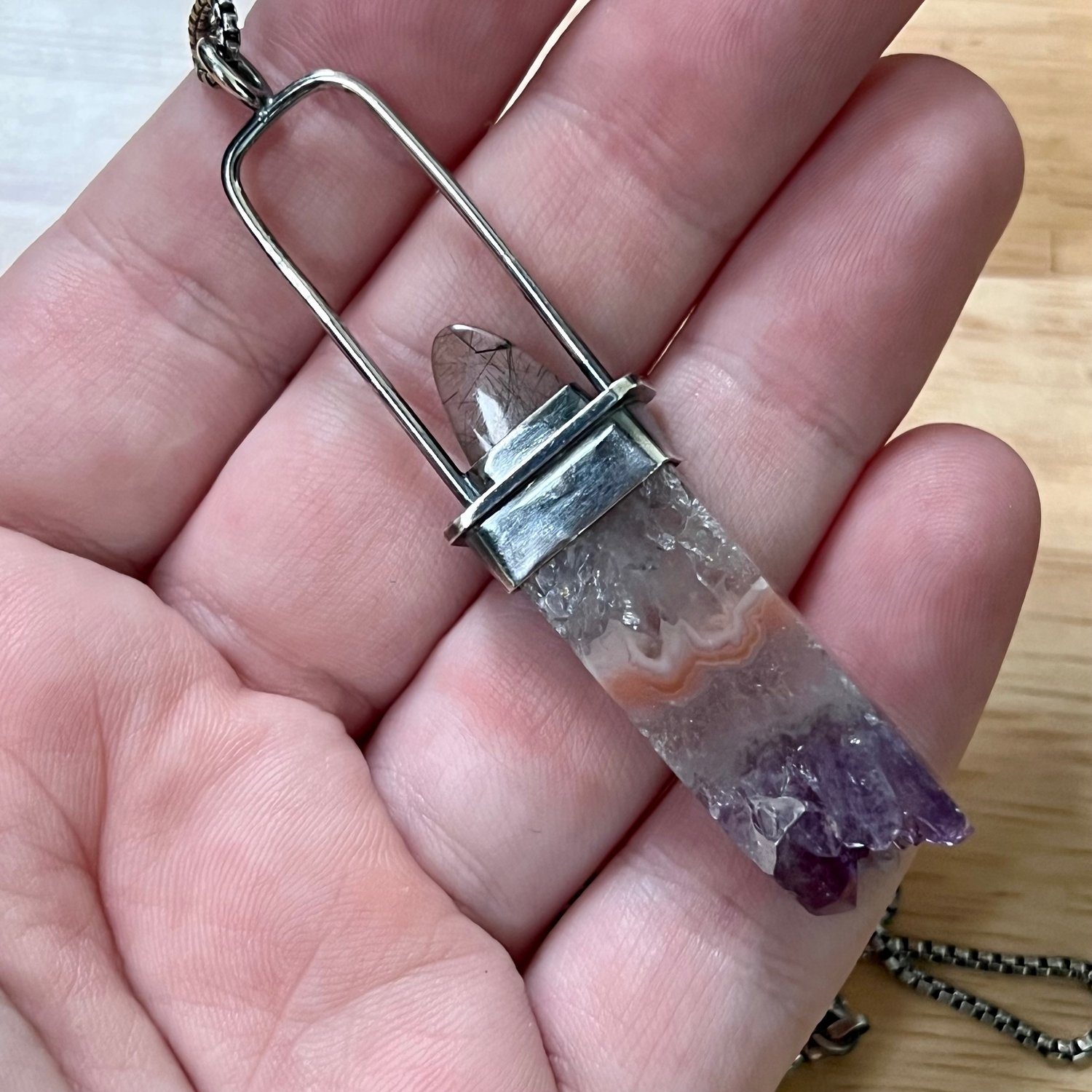 Image of Amethyst Slice & Green Tourmalated Quartz Talisman Necklace