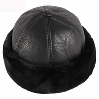 Image 3 of HT4415 High Quality Autumn Winter Cap Hat PU Leather Thick Warm Bomber Hat Solid Black Fleece Lined 
