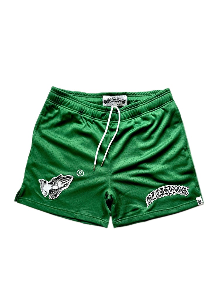 Image of BLE$$ING$®️ 500GSM FOREST GREEN  MESH SHORTS 