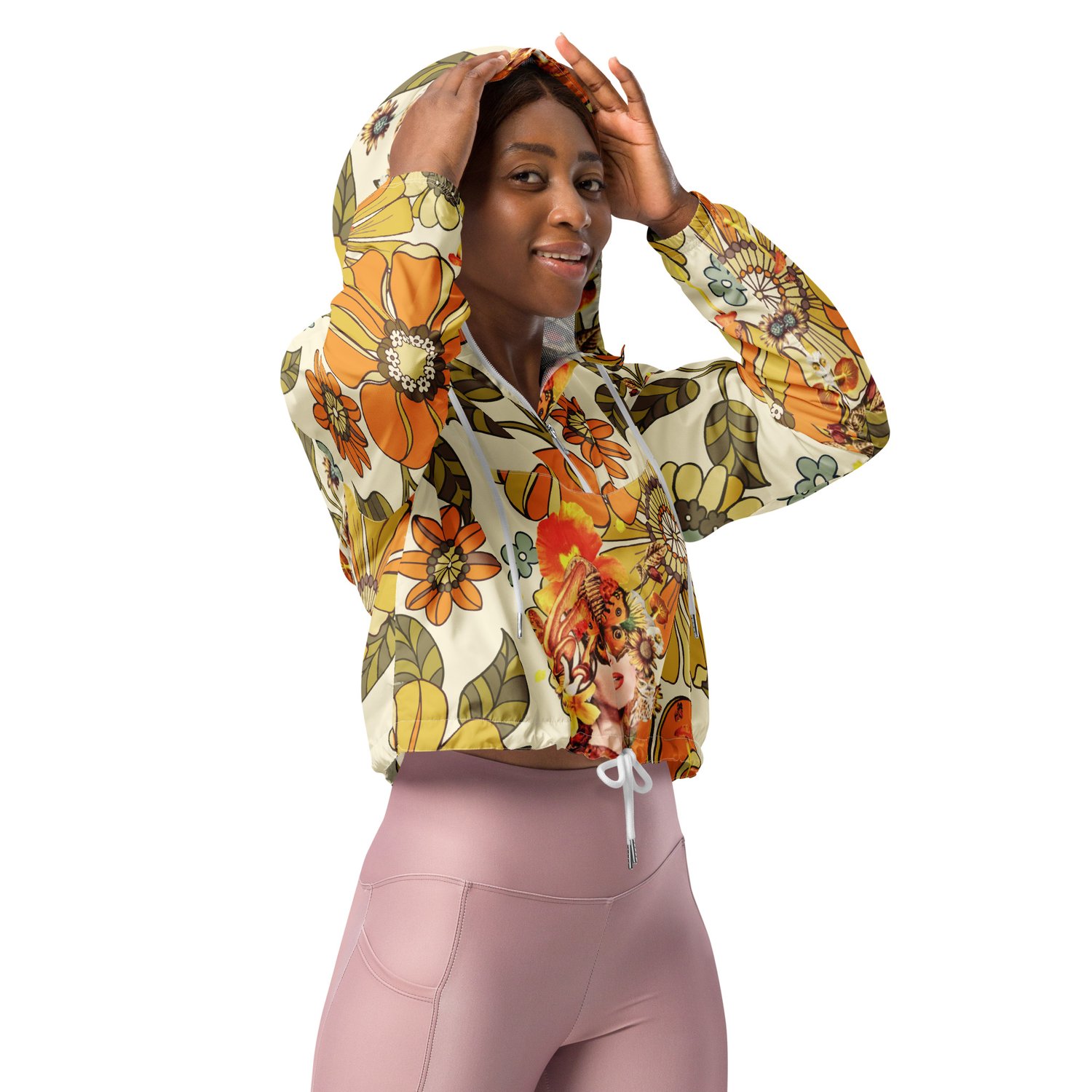 Image of She Oozes Success Vintage Botanic Print - Women’s Cropped Windbreaker w/White Zipper/Cord