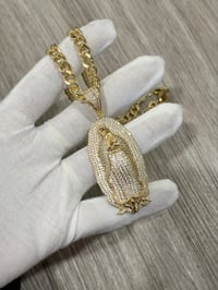 Image 1 of Iced Out St Mary Pendant Necklace 7mm Cuban Chain 24” | 14K Gold Plated Virgin Mary Necklace |