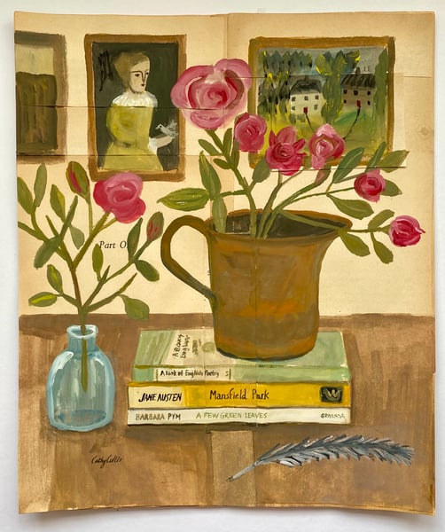Image of still life with books and roses (Austen and Pym)