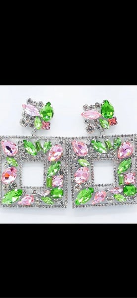 Image of SQUARE EARRINGS CLEAR PINK GREEN STONES