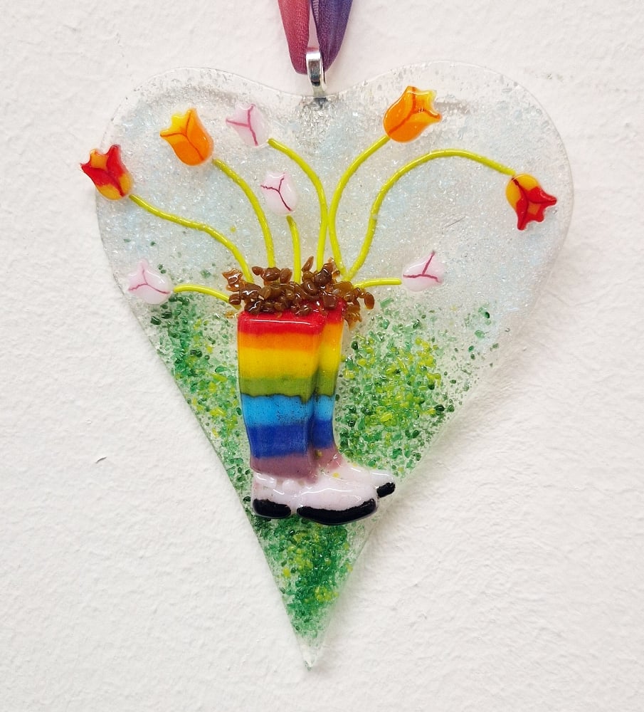 Image of Fused Glass Rainbow Wellies Tulip Heart