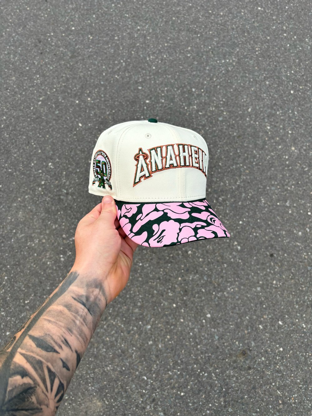 Image of PINK BRIM OFF WHITE FOREST GREEN ANEHEIM ANGELS CUSTOM FITTED CAP