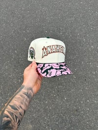 Image 1 of PINK BRIM OFF WHITE FOREST GREEN ANEHEIM ANGELS CUSTOM FITTED CAP