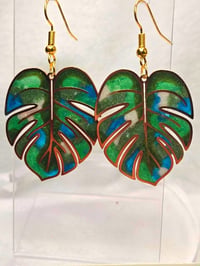 Image 3 of Handcrafted Resin Small Monstera Leaf Earrings 