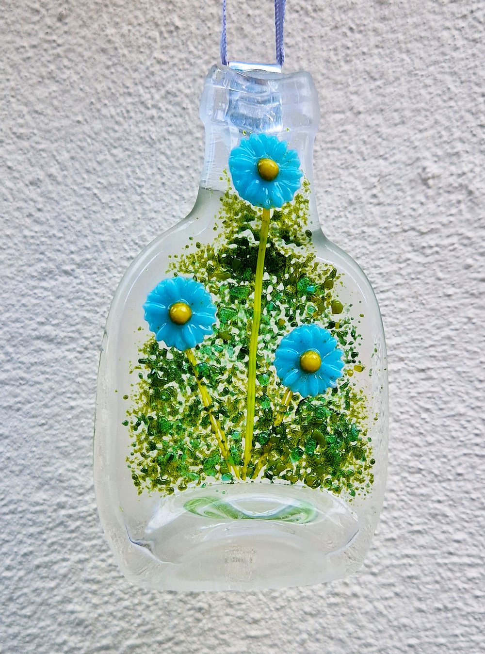 Image of Recycled Fused Small Bottle with Blue Daisies