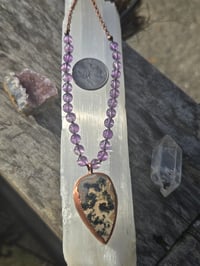 Image 2 of Electroformed Moss Agate and Amethyst knotted necklace