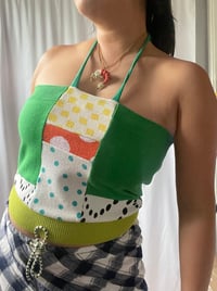 Image 4 of green patchwork sweater dots adult L XL extra large halter adjustable tie courtneycourtney crop top