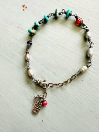 Image 4 of silvery pearl and turquoise nugget charm bracelet with adjustable chain