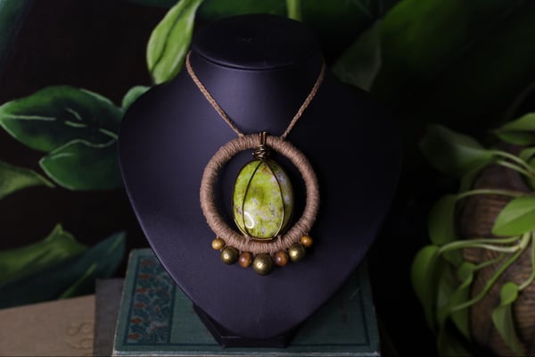 Image of Beige hemp cord pistachio opal necklace