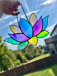 Image 4 of Rainbow Dichroic Stained Glass Lotus Suncatcher - Rainbow Iridescent Flower Window Art Decor