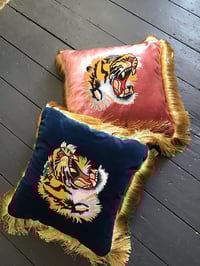 Image 1 of blue or pink  cotton velvet with embroidered tiger patch and gold fringing