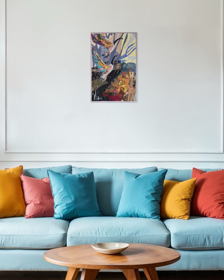 "Let's fly on" - 73x48 cm, art quilt with birds Image 17