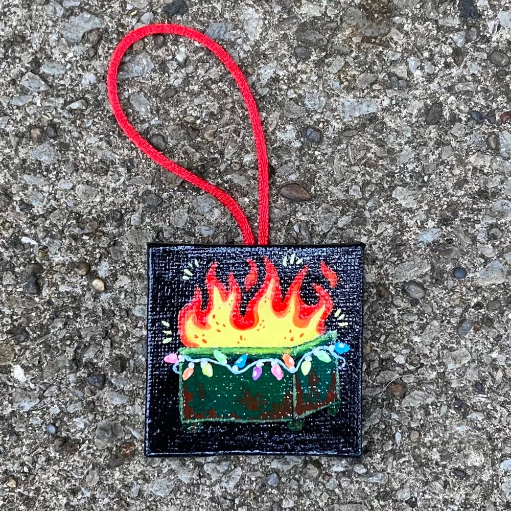 Image of Tiny Painting Ornament - Flaming Dumpster with Rainbow Lights