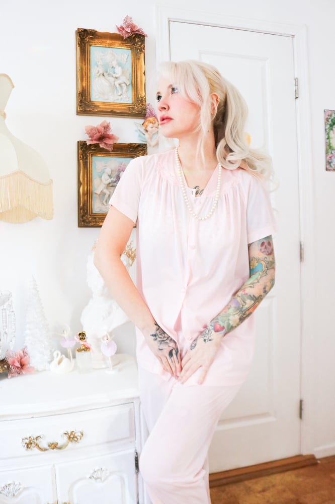 Image of Vintage 1970s Vanity Fair Pastel Pink Two Piece PJ Set (Small)