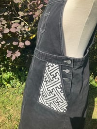 Image 5 of Upcycled Dungaree Dress with White Stencil Sayagata Pocket Design.
