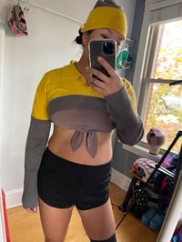 Image 2 of gold sparkle taupe courtneycourtney adult L large collar long sleeve shrug beanie sweater set