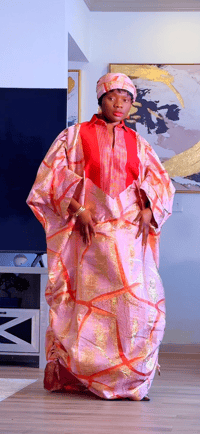 Image 4 of Royal Pink Gold Damask Boubou with a touch of Red (With inner-belt)