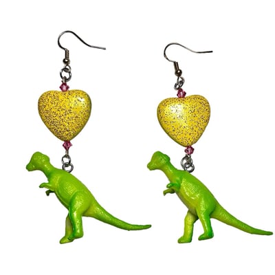 Image of Green Dino Earrings w/ Yellow Hearts