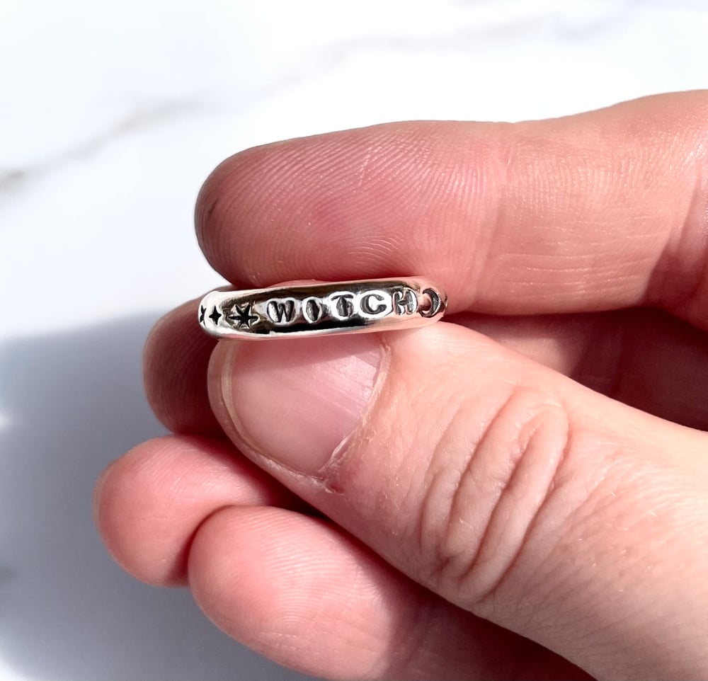 Chunky Rounded Silver Witch Ring With Stars And Moons. Sterling.