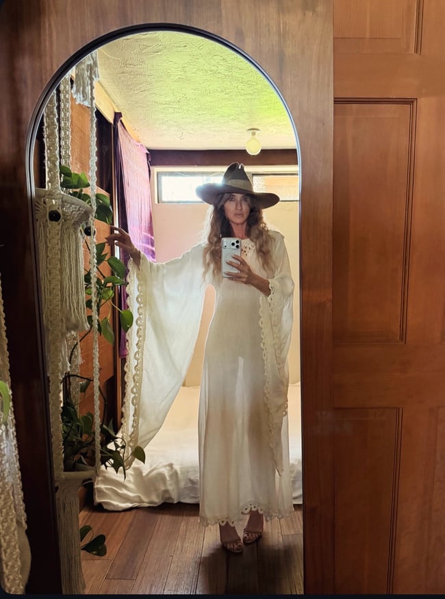late 60s white gauze maxi dress with massive angel sleeves and crochet 