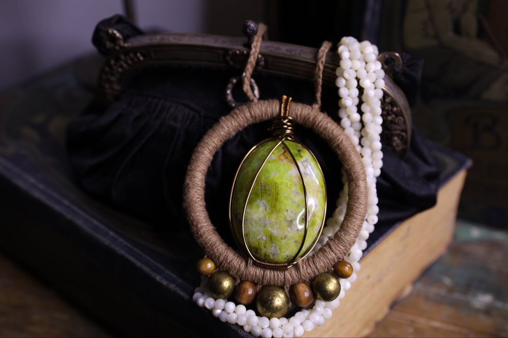 Image of Beige hemp cord pistachio opal necklace