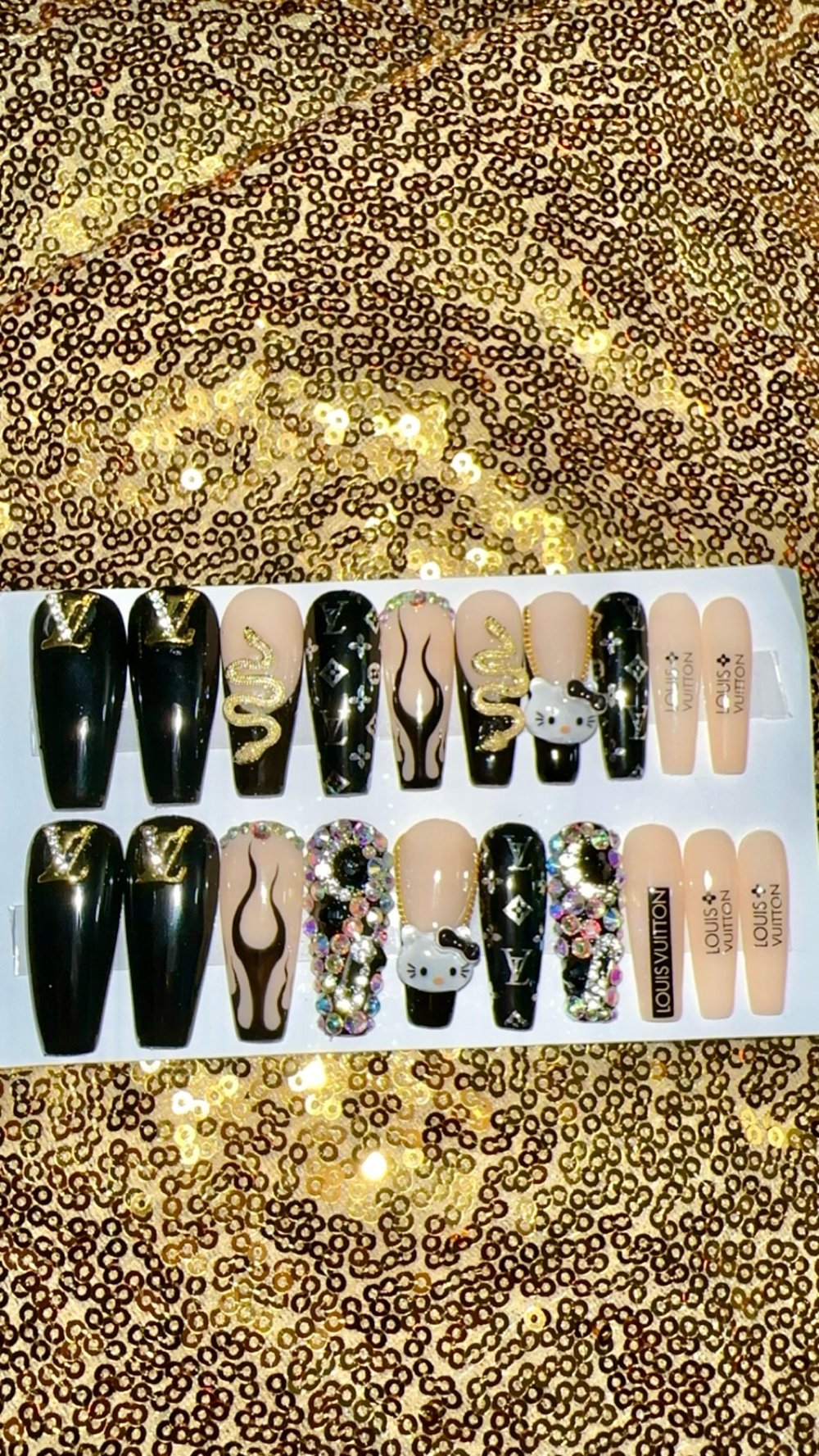 Image of 20 piece Long ballerina Hello kitty black LV  press on nails