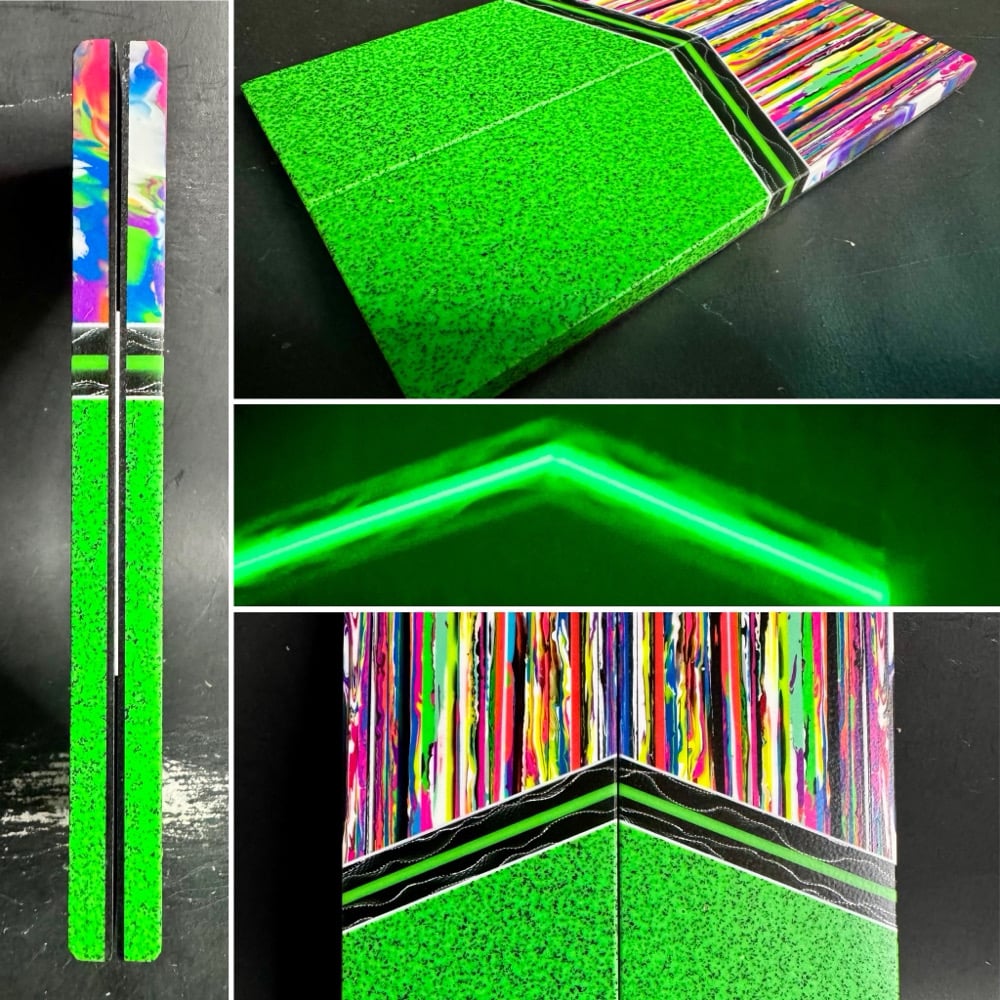 Image of @Kaoticartworks Resin & Green Grip-Tec GLOW Segmented Knife Scales