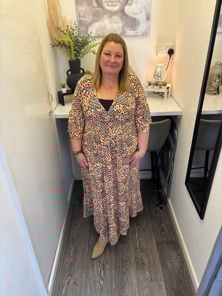 Image of AZTEC PRINT V-NECK SHIRRED MIDI DRESS