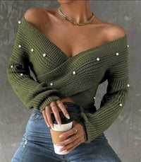 Image 2 of Pearls Beaded Crossover Drop Shoulder Sweater