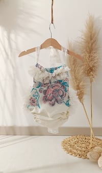 Image 1 of Photo prop | Sitter baby bodysuit | Marella | age 9-12 months | pink&turquoise flowers