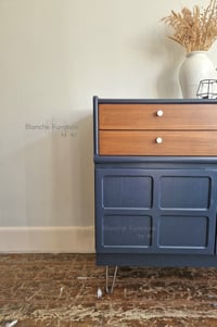 Image 3 of Large Mid Century Luxury Sideboard Nathan | Curved Teak Sideboard Blue | 4 Walnut Drawers 