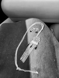 Necklace/Earring Set - silver, black beads, tassles