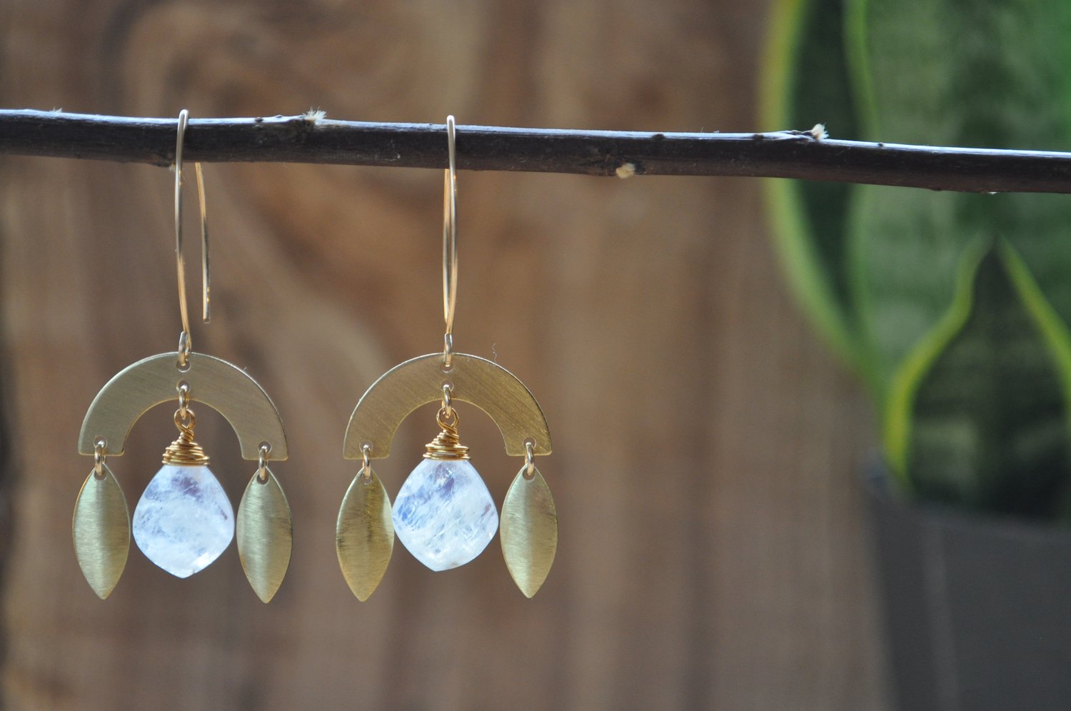 Image of Rainbow Moonstone Leaf Arc Dangles 