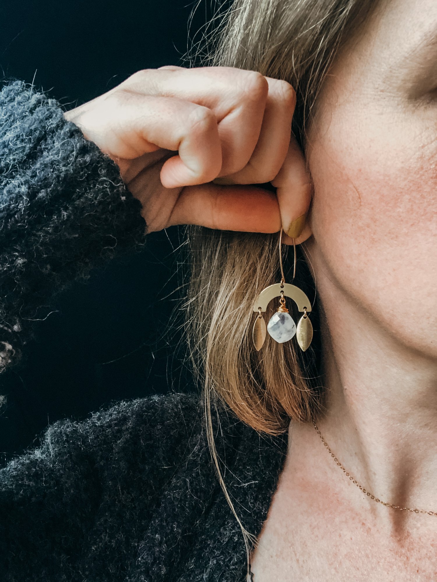 Image of Rainbow Moonstone Leaf Arc Dangles 