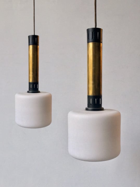 Image of Pair of Brass & Glass Pendant Lights, Stilnovo Italy