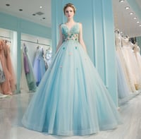 Image 2 of  Lovely Blue Flowers Tulle V-neckline Long Sweet 16 Dress, Blue Party Dress Formal Dress