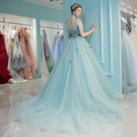 Image 3 of  Lovely Blue Flowers Tulle V-neckline Long Sweet 16 Dress, Blue Party Dress Formal Dress