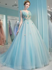 Image 1 of  Lovely Blue Flowers Tulle V-neckline Long Sweet 16 Dress, Blue Party Dress Formal Dress