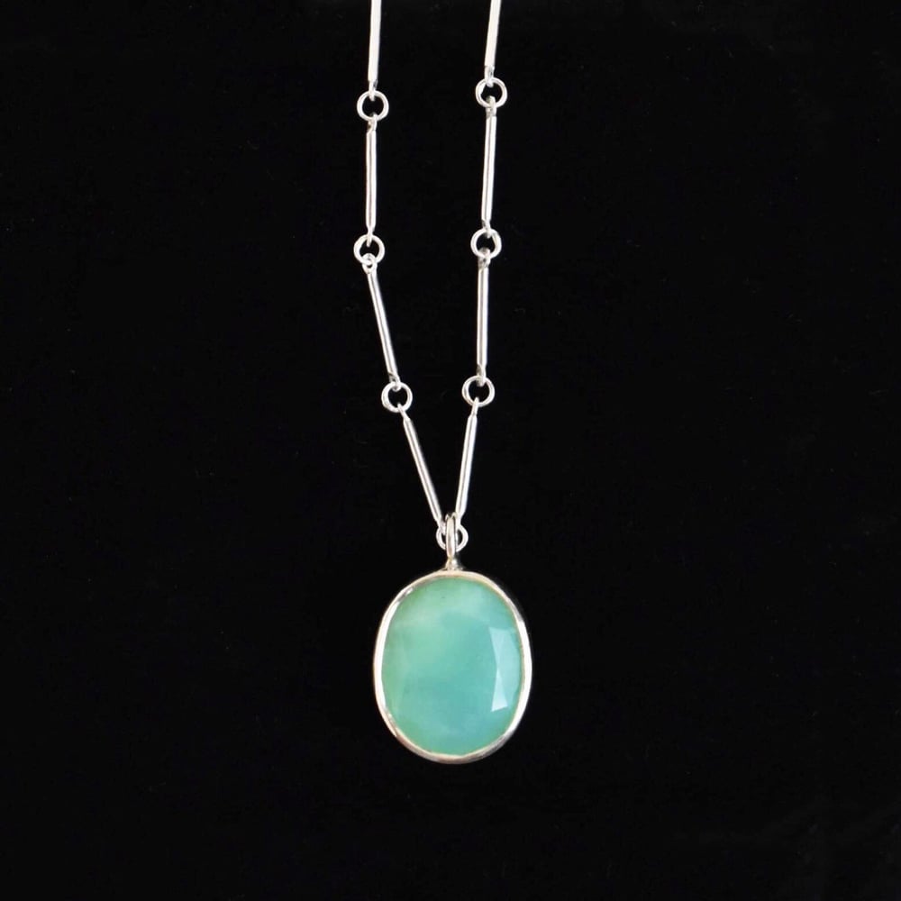 Image of Natural Chrysoprase big oval cut silver necklace