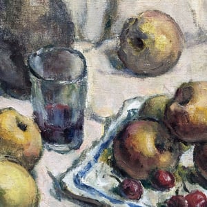 Image of 1933, French Oil Painting, 'Apples and Cherries.' 