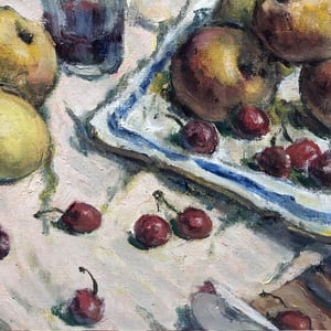 Image of 1933, French Oil Painting, 'Apples and Cherries.'