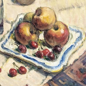 Image of 1933, French Oil Painting, 'Apples and Cherries.' 