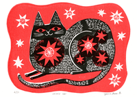 Image 1 of COSMIC CAT • Linocut print • Red