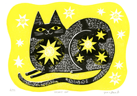 Image 1 of COSMIC CAT • Linocut print • Yellow