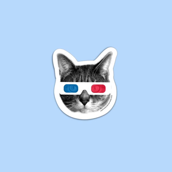 Image of 3D cat sticker - retro kitty - 3D glasses - movie theater - cat decal - laptop sticker