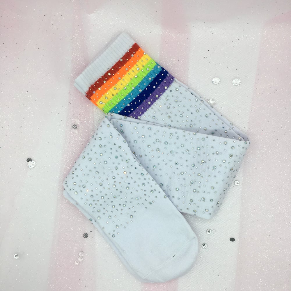 White Rainbow / Rhinestone Thigh High Socks 