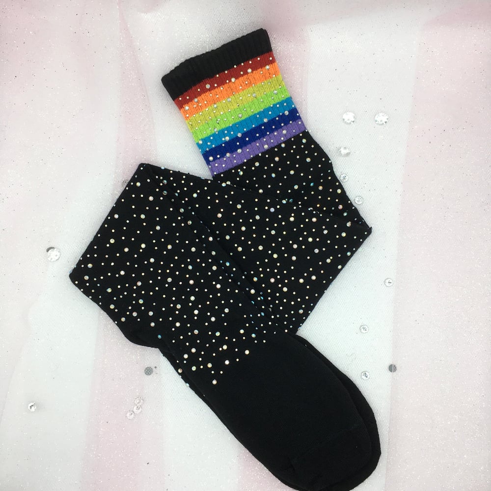 Black Rainbow/Rhinestone Thigh High Socks 
